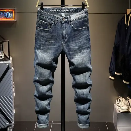 2022春夏新款牛仔裤男复古做旧修身小脚裤高端潮牌长裤子直筒男裤商品大图