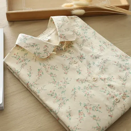 复古文艺小清新碎花纯棉长袖衬衫女春秋季新款宽松版百搭休闲上衣商品大图