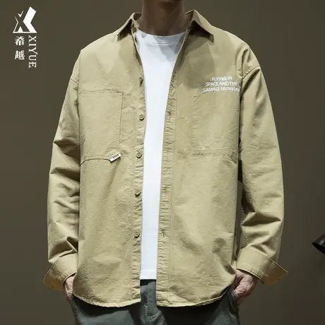 希越春季休闲衬衫外套男2024新款创意刺绣翻领长袖衬衣宽松百搭潮商品大图