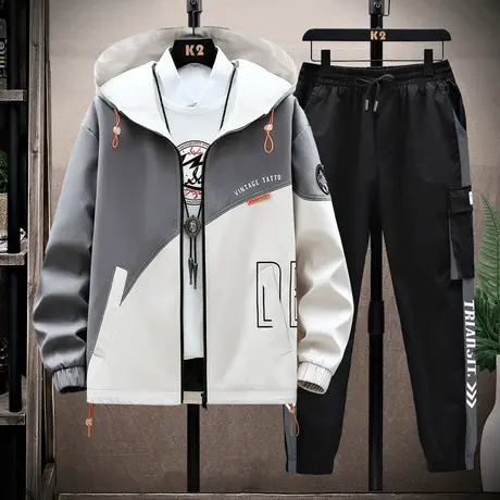 春秋装夹克男薄款套装外穿男装韩版休闲裤拼接秋衣青少年秋季一套商品大图