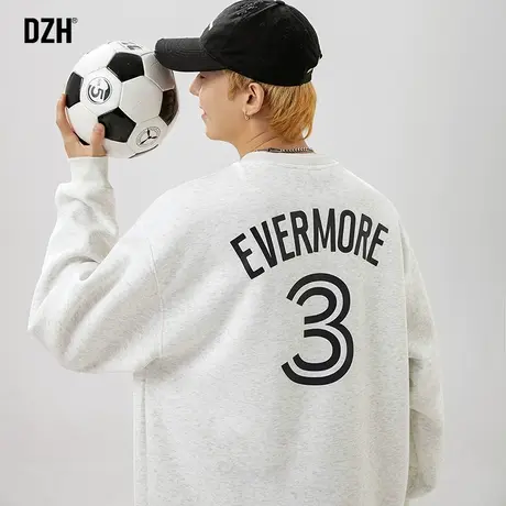 男士美式圆领卫衣男2024新款oversize宽松上衣运动外套春秋情侣装商品大图