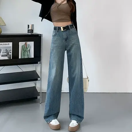 蓝色牛仔阔腿裤女春秋2024新款高腰垂感宽松显瘦拖地窄版直筒裤子商品大图
