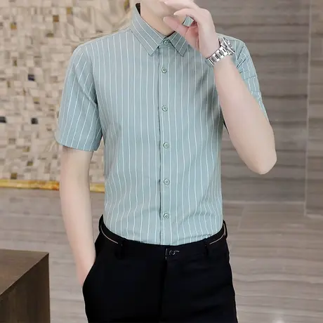 商务男装竹纤维免烫抗皱条纹衬衫男士短袖潮流休闲工装职业衬衣寸商品大图