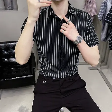 夏季男士短袖衬衫韩版潮流帅气条纹衬衣夏装休闲冰丝坠感寸衫上衣商品大图