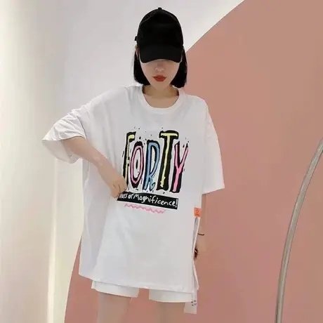 宽松慵懒风开叉印花短袖T恤女中长款2022韩版夏洋气百搭半袖上衣图片