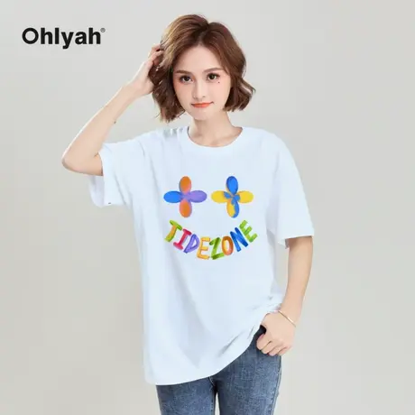 Ohlyah夏季宽松百搭潮牌彩色花朵笑脸T恤女学生纯棉短袖情侣上衣商品大图