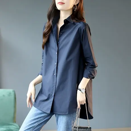 宝诗黎纯色长袖衬衣秋季时尚衬衫棉质新款2023休闲宽松气质上衣女商品大图