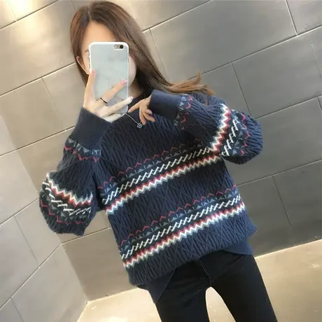 复古民族风提花圆领套头针织打底上衣潮2023秋冬新款韩版宽松毛衣图片