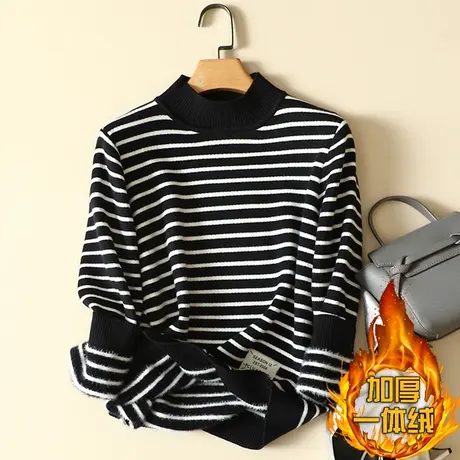 秋冬加绒毛衣女加厚一体绒内搭宽松半高领套头打底针织衫保暖上衣商品大图