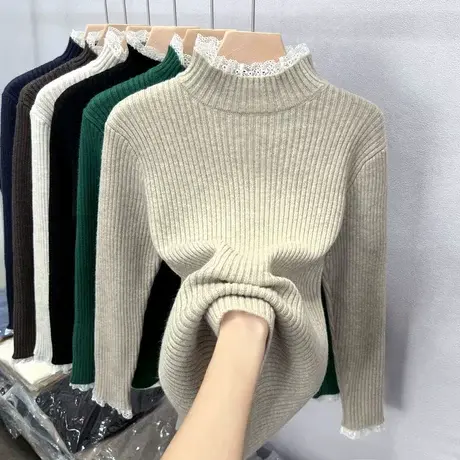 2023年秋冬新款蕾丝半高领软糯毛衣女百搭打底长袖针织衫套头上衣图片