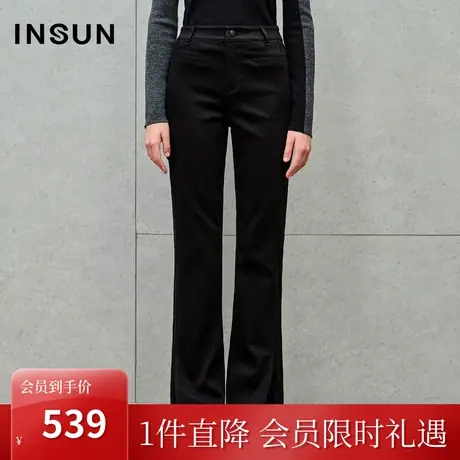 恩裳2023秋装新款环保舒适弹力黑色牛仔裤抗起球时髦开叉小微喇裤图片