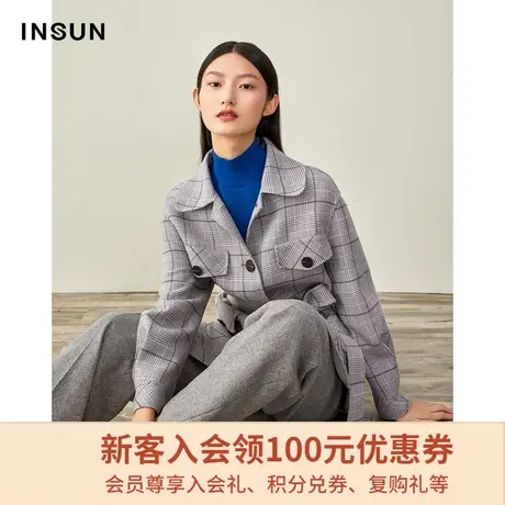 恩裳冬季经典翻领工装收腰全绵羊毛格子毛呢外套女中长款商品大图