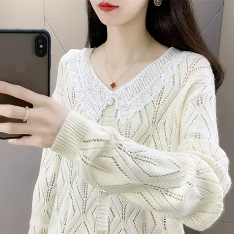 洋气v领蕾丝镂空针织衫女上衣2023韩版宽松打底衫毛衣百搭上衣女商品大图