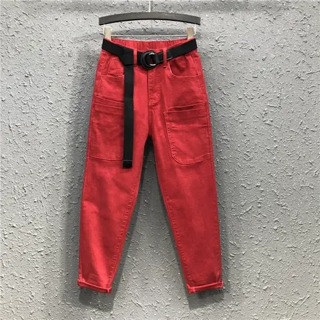 高腰休闲大红色萝卜裤女春新款欧洲站宽松小脚个性牛仔哈伦裤长裤图片