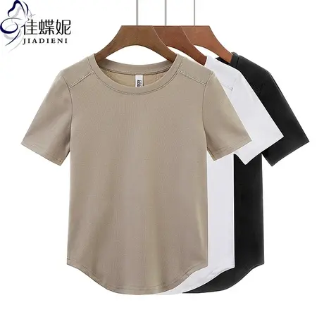 夏季新款韩版圆领宽松休闲纯色纯棉下摆圆弧短袖体恤上衣内搭女装商品大图