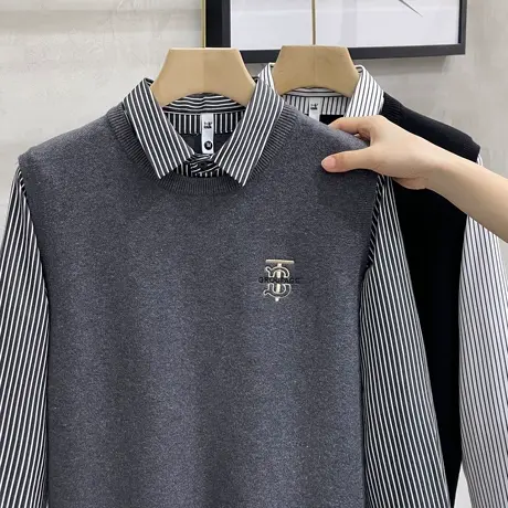 假两件毛衣男衬衫领商务正装轻奢刺绣男士针织衫外套秋冬2023新款商品大图