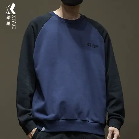 希越350g重磅拼接撞色卫衣男秋季款宽松大码刺绣ins内搭打底衫潮商品大图