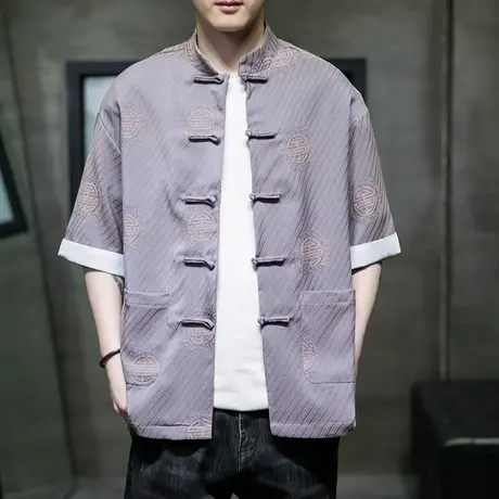 夏季男衬衫浮雕提花中国风中华立领盘扣中山装衬衣拼色短袖上衣潮图片