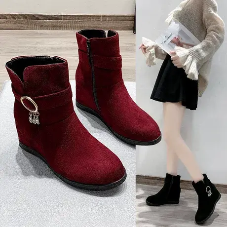 时尚靴子女2023年新款内增高侧拉链防滑水钻坡跟马丁靴子女短靴商品大图