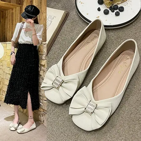 蝴蝶结方头浅口单鞋女夏2023年新款春秋款豆豆鞋孕妇瓢鞋平底鞋子商品大图