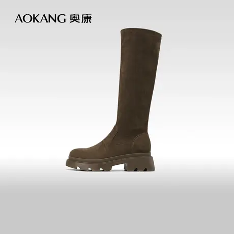 奥康女鞋 2023冬季新款长筒靴子弹力瘦瘦靴厚底粗跟高筒复古黑色商品大图