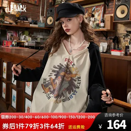 妖精的口袋插肩连帽长袖t恤女2023秋季新款印花宽松休闲显瘦上衣商品大图