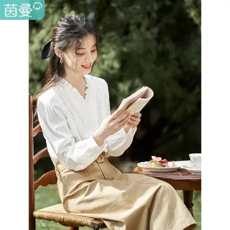 茵曼2023春季女装新款时尚清新花边V领宽松舒适压褶长袖衬衫衬衣图片