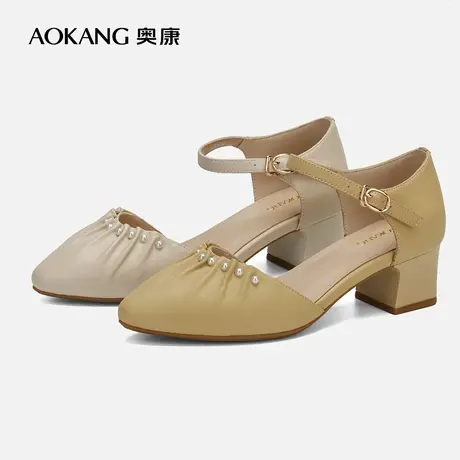【门店发货】奥康女鞋夏季新款透气尖头女士时装凉鞋气质珍珠拉皱图片