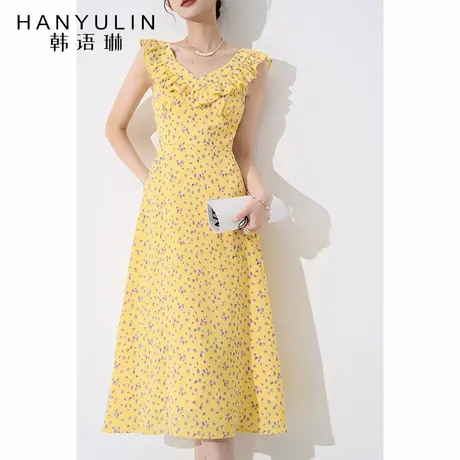 小众设计连衣裙2025新款女夏季高级感中长款法式气质黄色碎花裙子图片