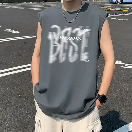 美式背心男夏季薄款无袖t恤设计感小众宽松外穿坎肩运动印花上衣图片