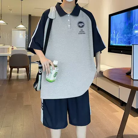青少年短袖T恤男夏季潮牌初高中学生时尚宽松翻领polo衫休闲套装图片
