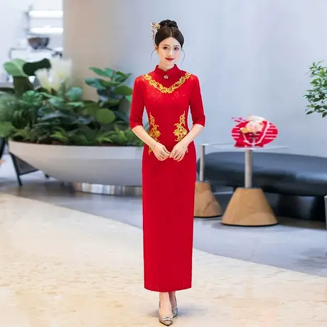 中长袖红色外嫁女姐妹团回娘家装中式礼仪迎宾颁奖新娘旗袍礼服装图片