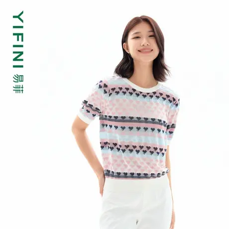 Yifini/易菲创意提花仿亚麻感宽松短款针织衫女夏装新款毛衫商品大图