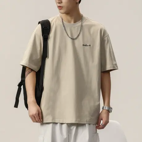 男士重磅杏色t恤男短袖美式高街宽松上衣夏季2025年新款半袖男款商品大图