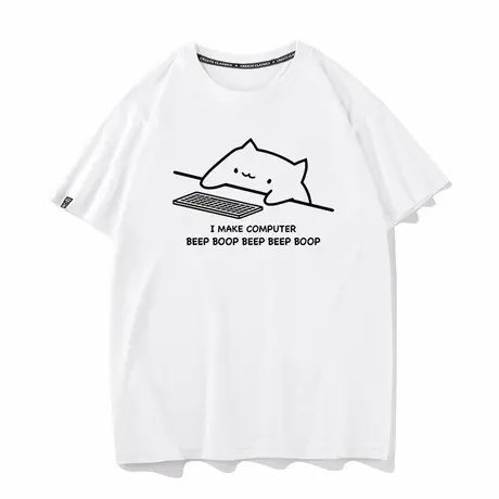 秀洛趣味IT猫咪印花短袖极客玩电脑游戏程序员纯棉衣服慵懒T恤男图片