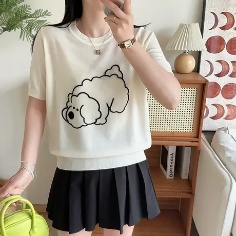 夏季薄款女士卡通冰丝针织短袖t恤女2025新款高级感短款上衣洋气商品大图