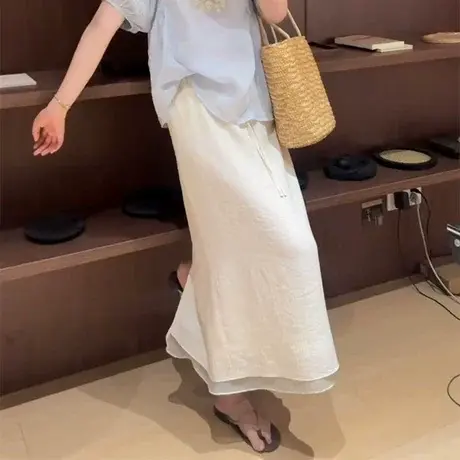 夏季时尚网纱拼接松紧腰系带显瘦半身裙女2025新款大码A字中长裙图片