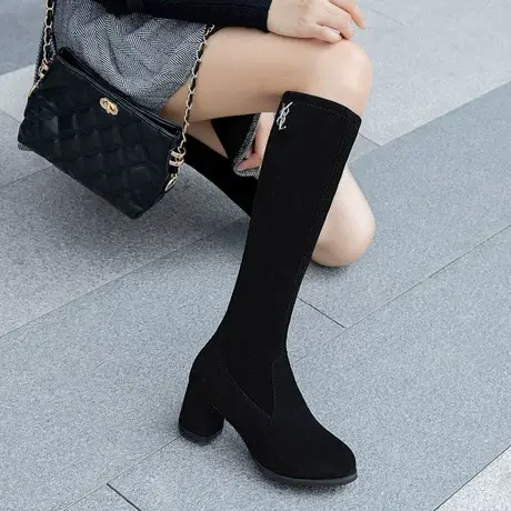 不过膝长筒靴女2023新款秋季单靴黑色粗跟高跟网红瘦瘦靴高筒女靴商品大图