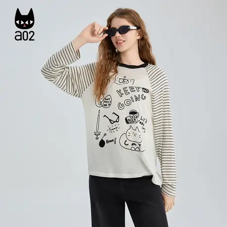 a02黑猫系列条纹插肩袖圆领长袖T恤女2025新款秋季童趣打底衫图片