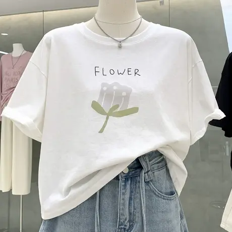 ins风甜美减龄花朵印花圆领套头短袖T恤春夏新款女装休闲通勤上衣商品大图