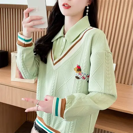 翻领polo衫卫衣女2025新款春秋韩版宽松薄款小个子假两件上衣外套商品大图