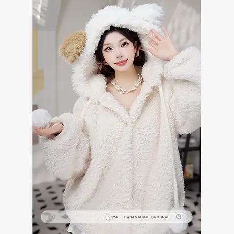 Bananagirl睡衣女冬季珊瑚绒加厚长袖连帽大码可爱开衫家居服女套商品大图
