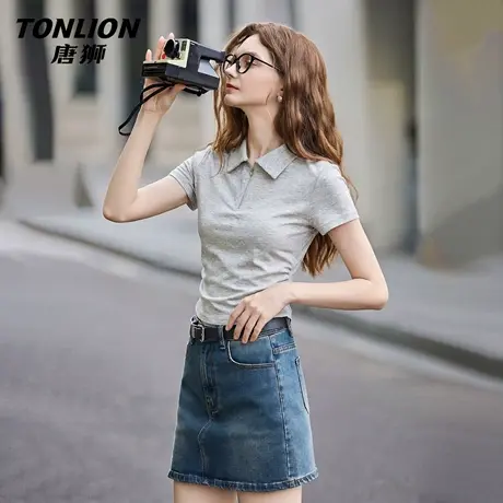 唐狮官方显瘦短袖t恤女2026新款春夏修身翻领半袖polo衫短上衣VC图片
