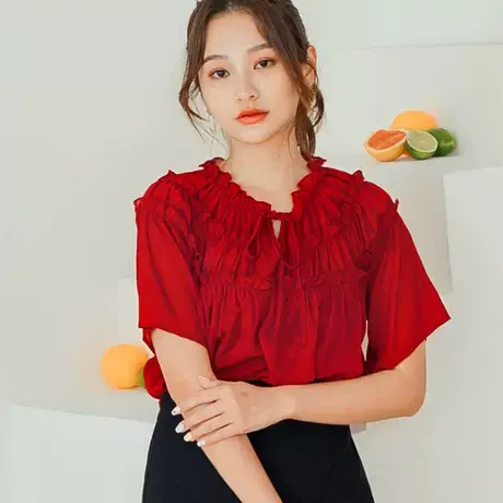 桔熊夏气质荷叶领雪纺衫飘逸短袖薄款上衣女胖mm大码AB15704图片
