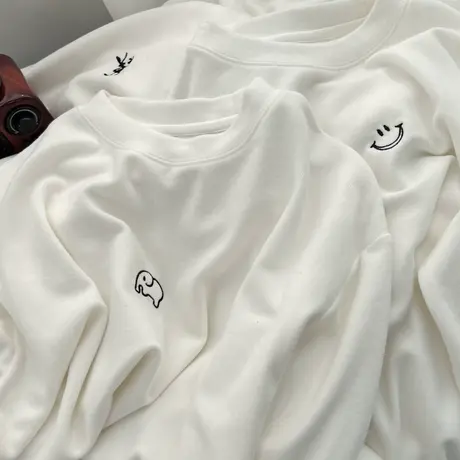 绒绒磨毛加厚白色长袖t恤女秋冬小圆领叠穿内搭宽松刺绣打底衫潮商品大图