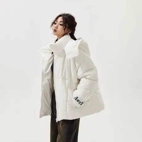 潮牌纯色连帽棉服女冬季加厚外套2023新款美式复古宽松面包服棉衣商品大图