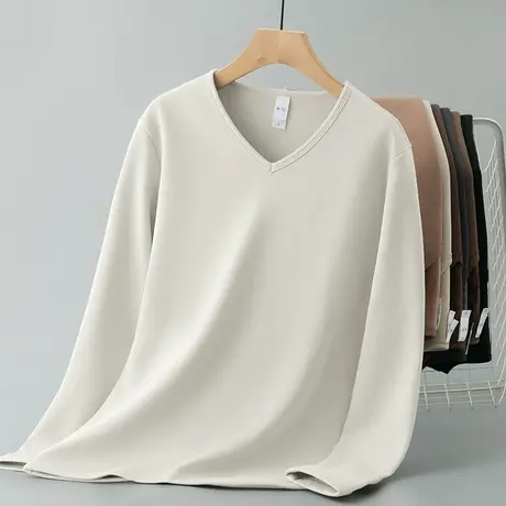 秋冬季长袖t恤男装潮流V领上衣服保暖小衫加绒加厚内搭打底衫秋衣商品大图