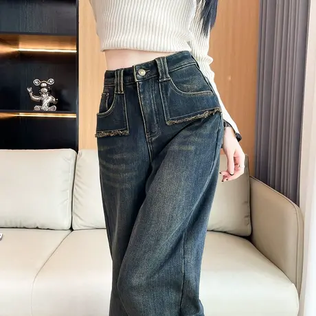 高腰阔腿牛仔裤女秋冬新款加绒加厚保暖宽松大码蓝灰色窄版直筒裤商品大图