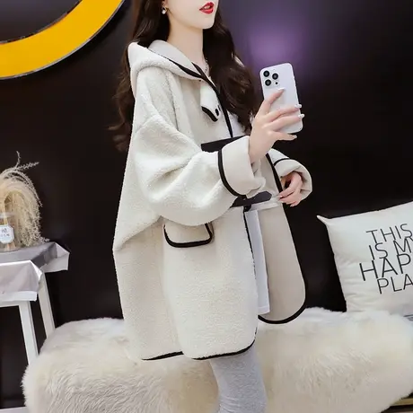 连帽羊羔毛开衫外套女2023新款秋冬季宽松慵懒风百搭欧版大码上衣图片