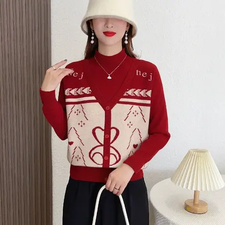 假两件半高领修身内搭针织衫女毛衣2023秋冬新款时髦软糯韩版上衣商品大图